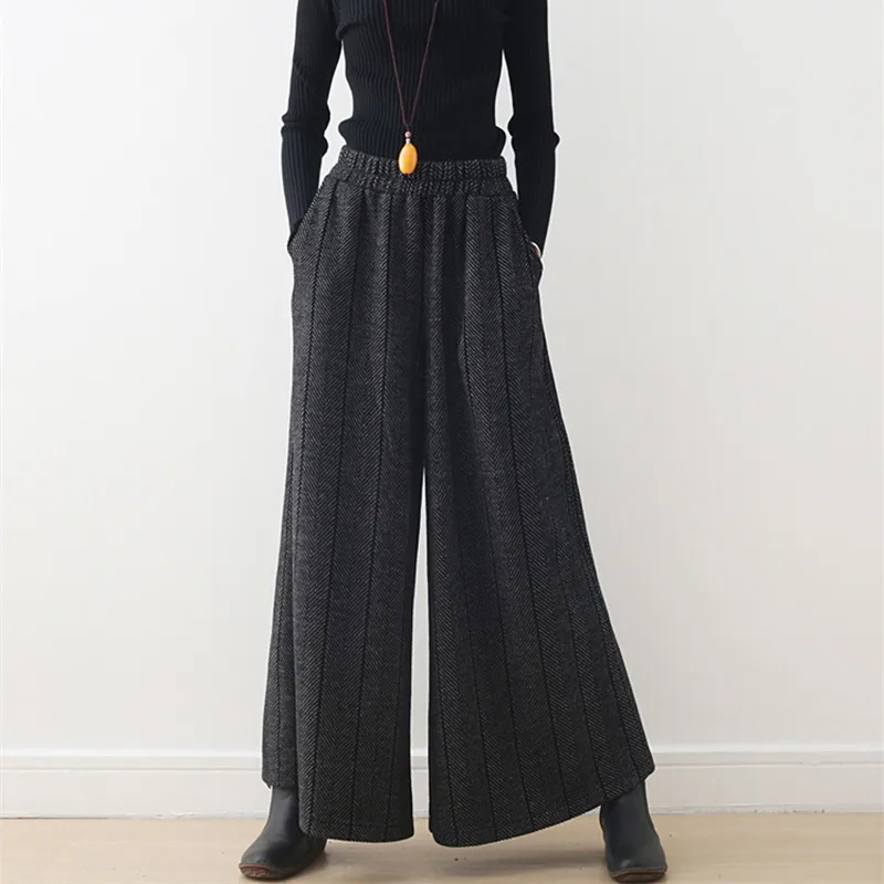 High Quality Women Winter Loose Wide Leg Thick Pants Elastic Waist