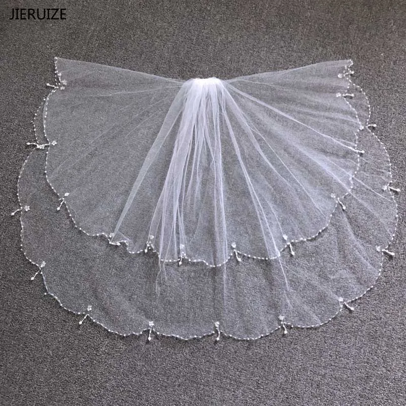 

JIERUIZE White Ivory Beaded Edge Pearls Wedding Veils With Comb Short Bridal Veil Wedding Accessories Free Shipping