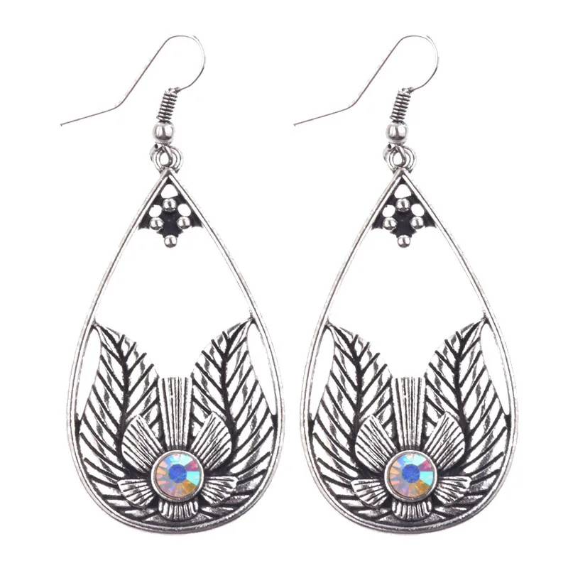 

Water Drop Shaped Silver Dangle Earrings Vintage Leave Pattern Black Crystal Dangle Earrings Ethnic Earrings For Women HQE211