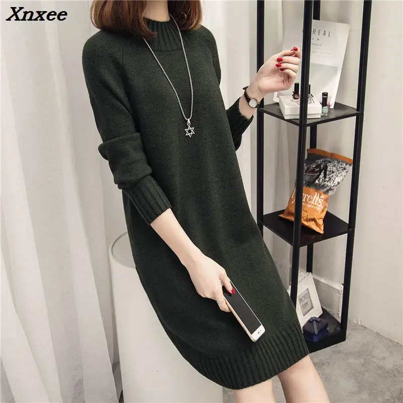 Autumn Winter Women Long Sweater 2018 New Loose Half Turtleneck Long Sleeve Knit Pullover Sweater Female Casual Large Size Xnxee