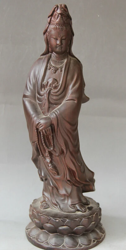 

Collectible bronze S1850 16" Chinese Buddhism Wood Stand Kwan-yin Guan Yin Boddhisattva Goddess Statue B0403