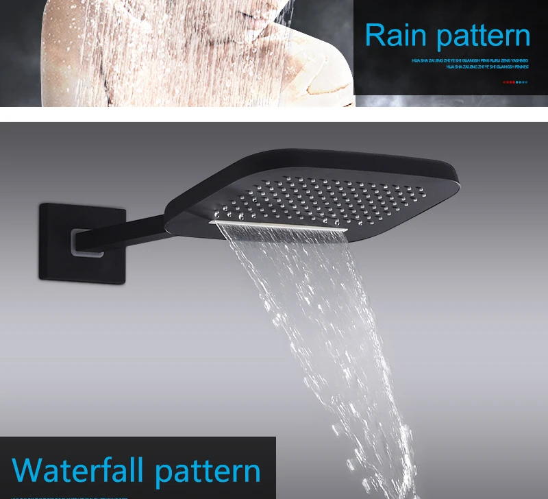 hm Luxury Thermostatic Waterfall Rain Shower Head & Hand Shower Set in Solid Brass Black Bathroom Faucet Wall Mounted System (5)
