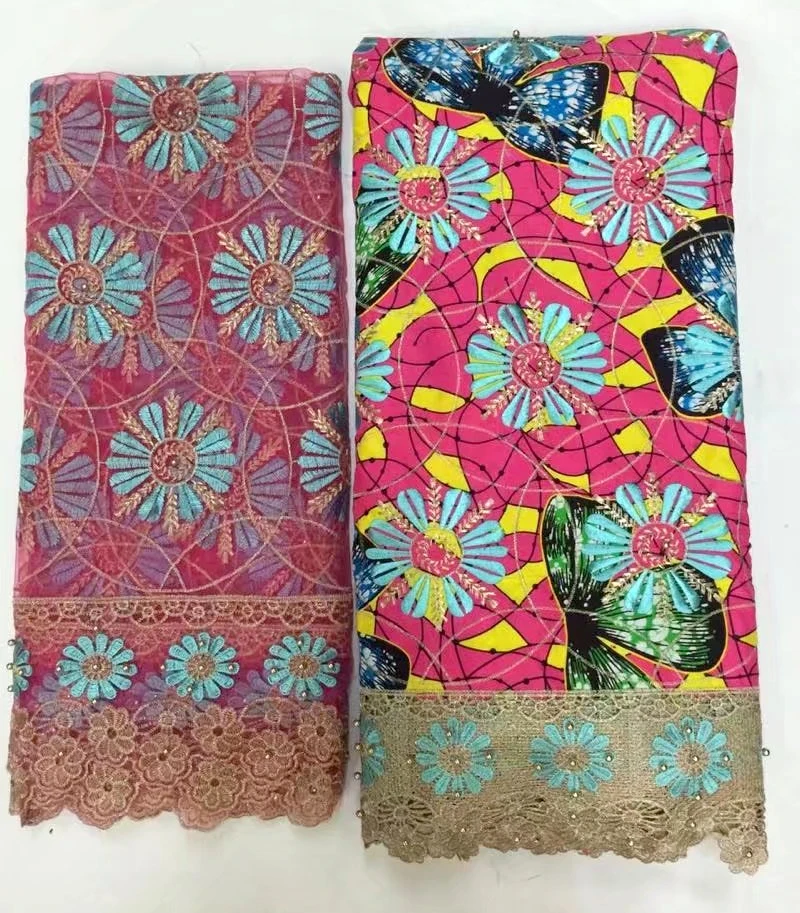 

Latest design Beautiful Fushia African wax with water soluble lace fabric 6 yds+ net lace 2 yds for party dress with beads