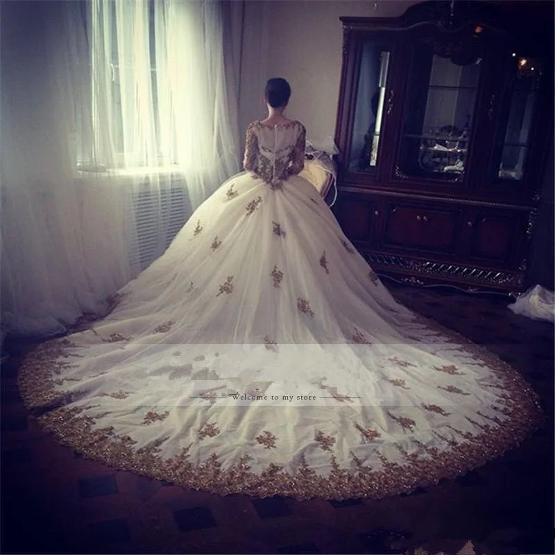 Арабский Принцесса бальное платье Свадебные платья с золотой длинный рукав аппликация развертки поезд для невесты, венчания в церкви платья vestido de novia