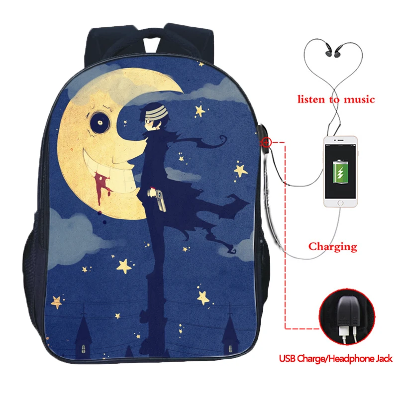 

SOUL EATER Death the Kind USB Charge Bag Students School Backpack Beautiful USB Charging School Bags Daily Backpack