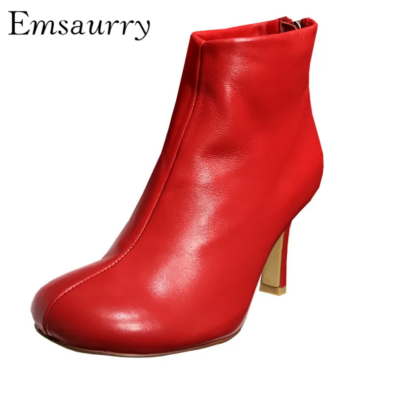

Fashion Runway Short Booties For Women Black Red White Leather Thin Heel Round Toe Back Zip Ankle Boots