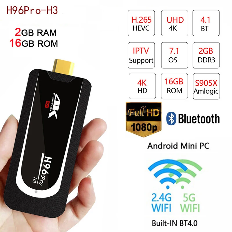 

H96 Pro-H3 4K 1080p HD Tv Stick Amlogic S905X Quad Core 2G 16G MINI PC Smart TV Box 2.4G+5G Wifi BT4.0 TV dongle Android 7.1 OS