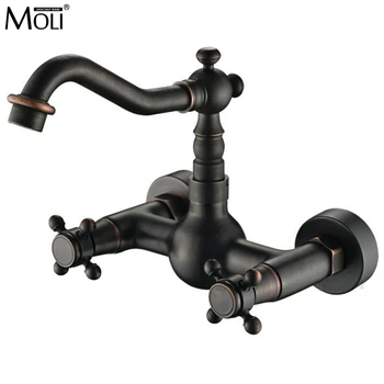 

Wall Mounted Kitchen Sink Faucet Oil Rubble Bronze Black Sink Water Mixer American Style Hot and Cold Water Tap ML24
