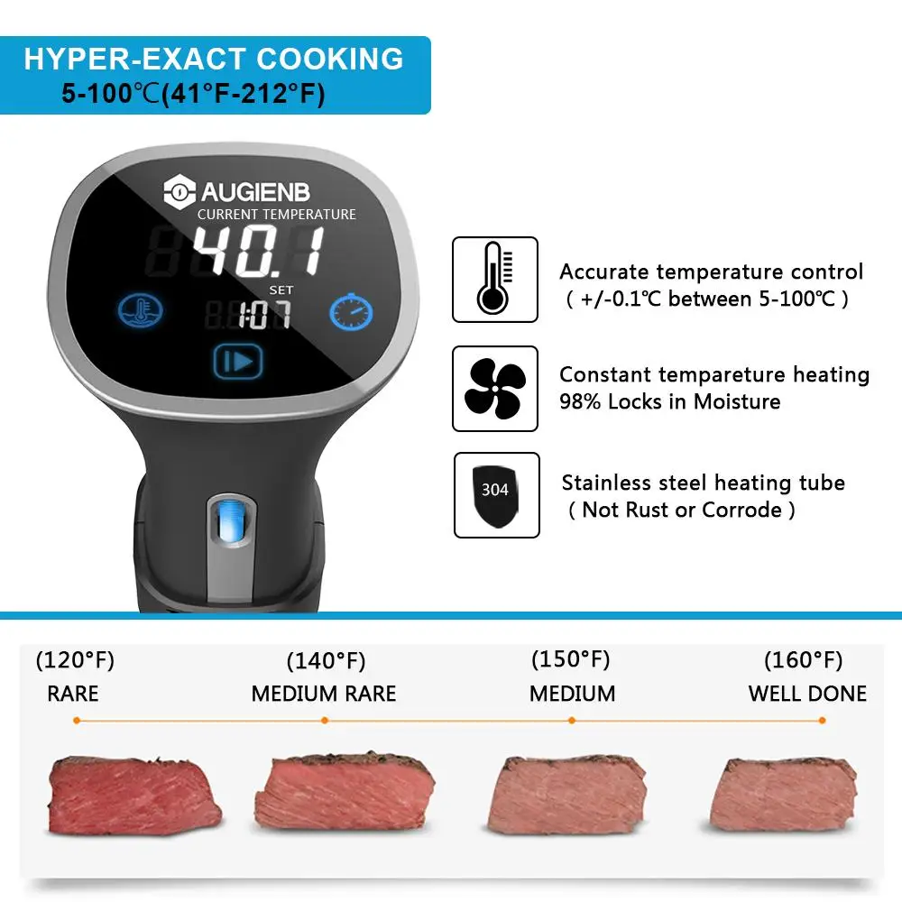 AUGIENB вакуумная медленная Sous Vide плита 800 Вт Мощный 15л погружной циркулятор Машина LCD цифровой таймер из нержавеющей стали