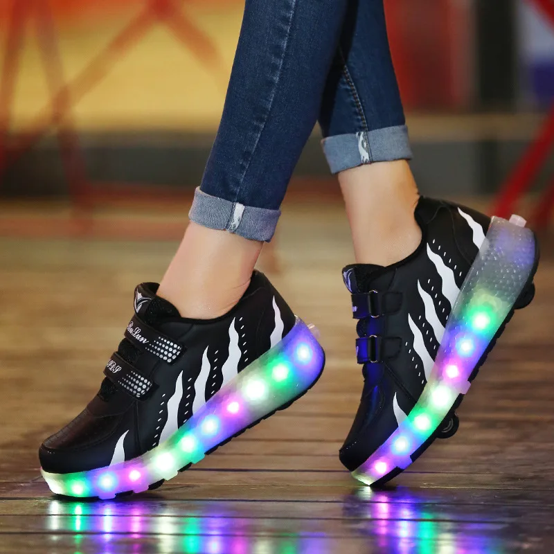 Светодиодный двойной роликовые коньки обувь для женщин и мужчин красочные мигающие автоматические светящиеся роликовые туфли детские светящиеся кроссовки