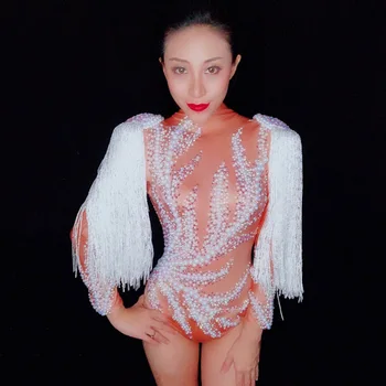 

Stage Costumes For Singers White Pear Tassels Epaulet Crystals Bodysuit Nightclub Sexy Club DJ Singer Dancer Stage Outfit DT970
