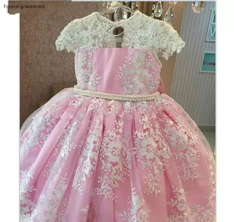 Lovely Pink Toddler Kids Flower Girl Dresses Sheer Cap Sleeves Appliques Beaded Belt Ruffles Girls Formal Party Pageant Dresses  114 (1)