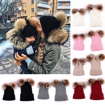 

Puseky Mom And Baby Knitting Keep Warm Hat Family Match Hats Newborn Bebek Double Ball Faux Fur Pompom Ball Knitted Beanies Hat