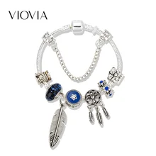 VIOVIA, серебряный цвет, Ловец снов, очаровательный браслет, Женская цепочка в виде змеи, роскошные стеклянные бусины, браслет, Pulseras Mujer, ювелирное изделие, B19037