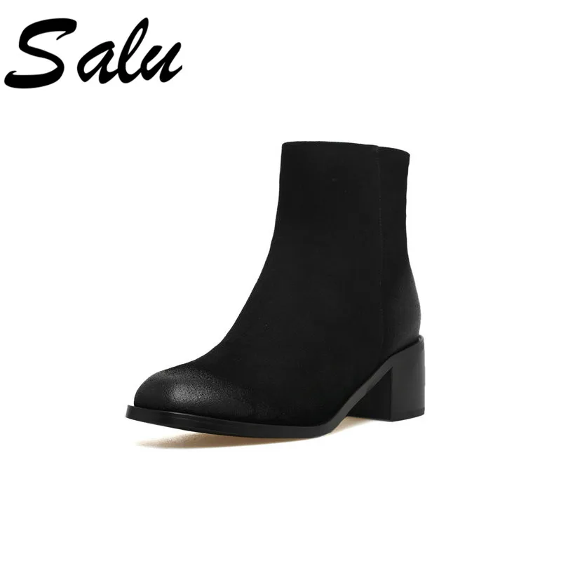 

Salu Cow Suede Leather Ankle Boots Women Pointed Toe High Heels Zipper Ladies Shoes Woman Autumn Winter Motorcycle Boots