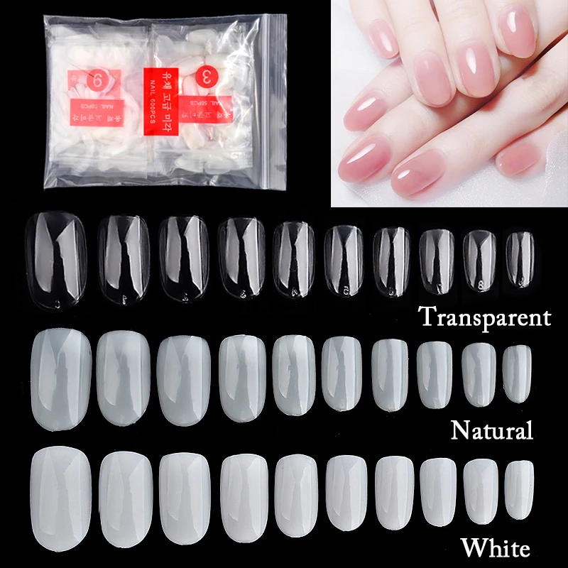 

600PCS/Lot Natural Medium Oval Round Short False Nails Tips Full Cover French Fake Nail Art Tips Acrylic Manicure Salon Tools