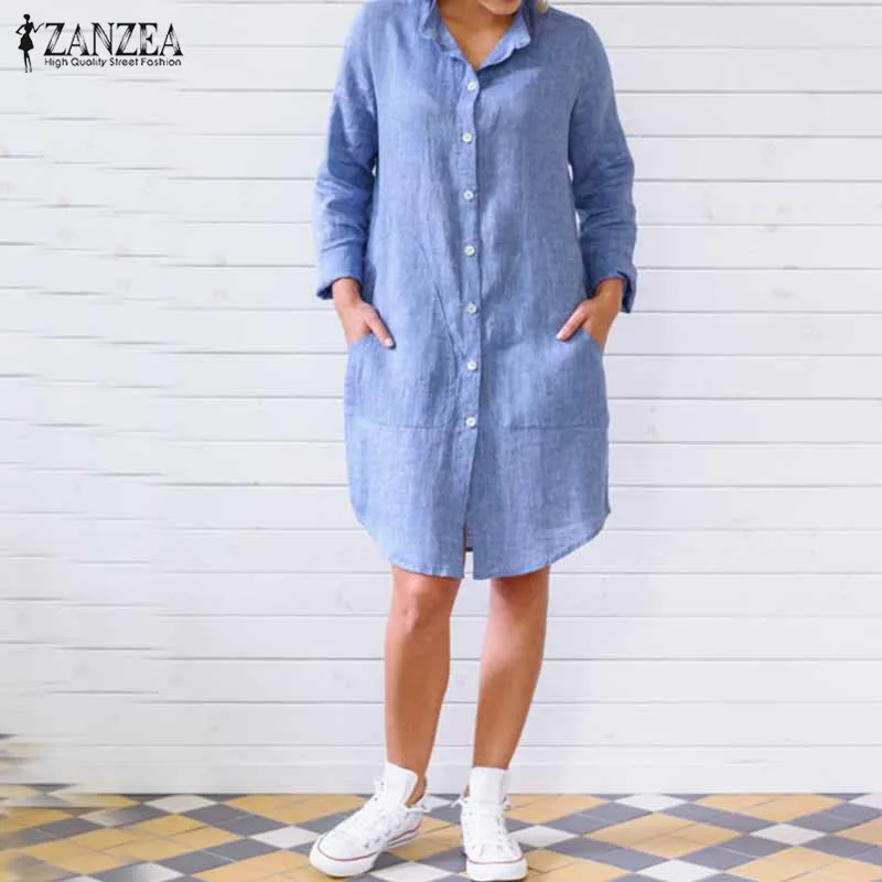 

ZANZEA Brand 2019 Women Dress Autumn Casual Cotton Dresses Ladies Long Sleeve Stand Collar Sexy Midi Vestidos Plus Size