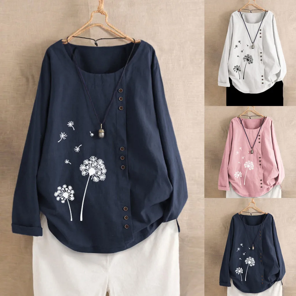 

Womens Casual Loose Button Linen Plus Size Print Boho Tanic tops clothing Tops korean style women summer tops for women 2019