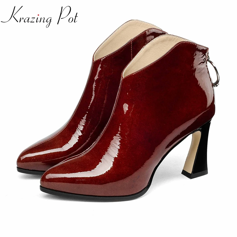 

krazing pot hot sale beauty lady recommend patent genuine leather high heels round buckle zipper elegant women ankle boots L41