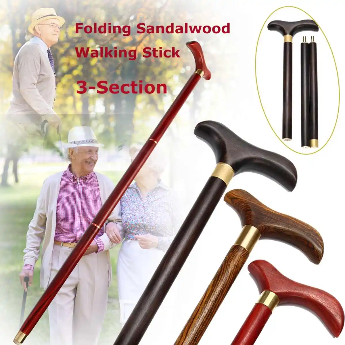 

3 knots Walking Stick 86.5cm Wood Bird Shape Foldable Travel Cane Camping Trekking Gentleman Walk Stick with Cloth Bag
