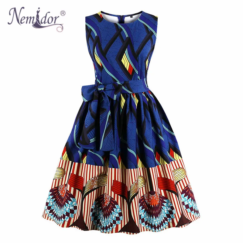 

Nemidor Women Elegant Print Sleeveless Plus Size Vintage Swing Dress Casual O-neck Midi Party A-line Rockabilly Summer Dress
