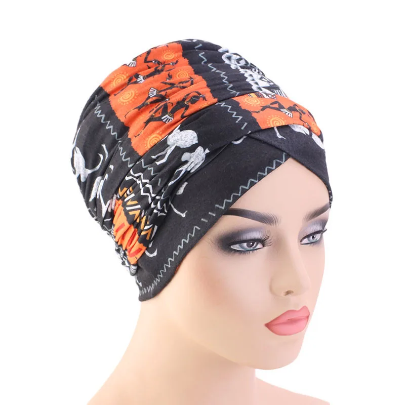 Мусульманский хлопковый женский хиджаб платок тюрбан головной убор шапка женские аксессуары для волос нигерийский тюрбан шапка удлиненная - Цвет: black and orange