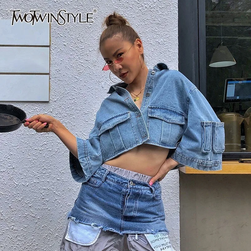 

TWOTWINSTYLE Summer Denim Jacket For Women Lapel Collar Flare Sleeve Tunic Crop Tops Coat Female Fashion Streetwear 2019 New
