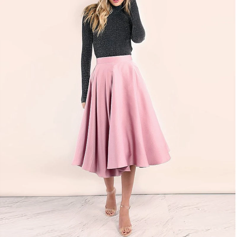 Saias 2018 Blush Pink Tea Length Satin Skirt For Yong Lady Zipper ...