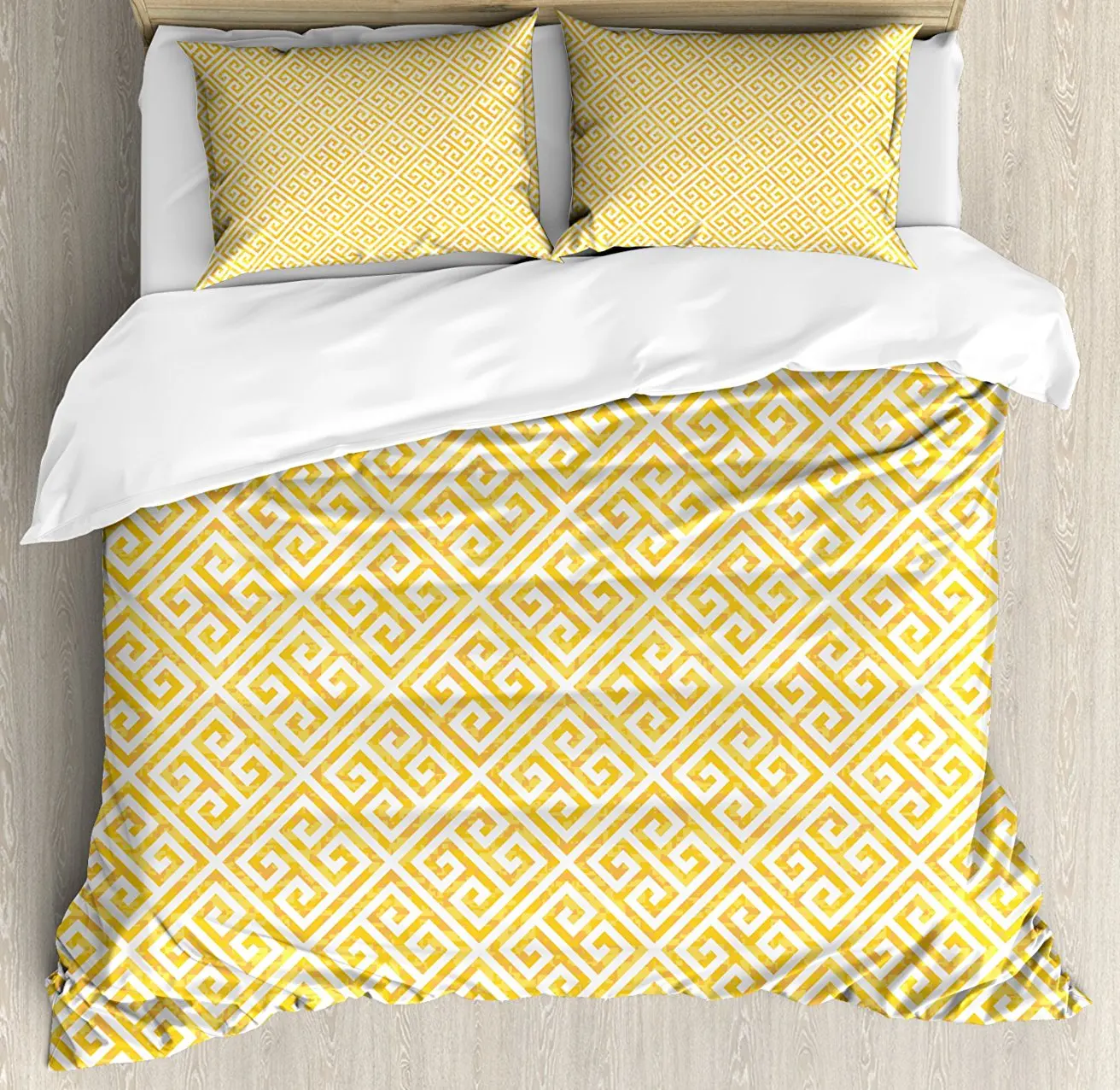 

Greek Key Duvet Cover Set Yellow and White Tile Pattern with Twisted Lines in Squares Grunge Looking Maze 4 Piece Bedding Set