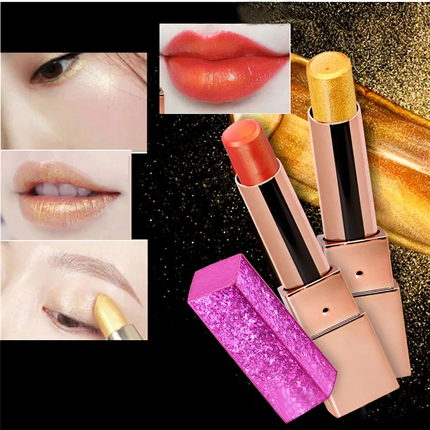 2017 Shimmer Gold Lipstick Glitter Pigment Metallic Lip Gloss Long