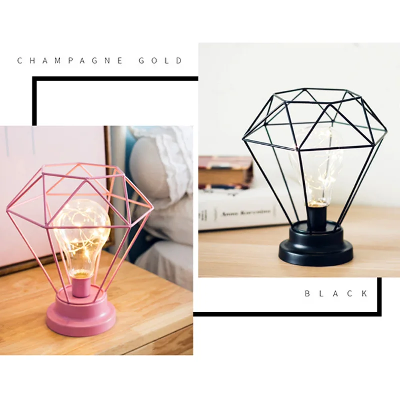 LED Iron Diamond Night Lights Candle Lamp Bar Store Table Desk Bedside Decor Bulb Pink Black Wedding Holiday Fairy Romantic Gift (15)