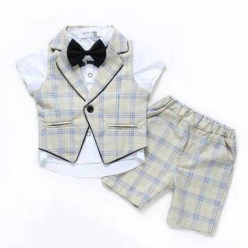 

Boys Summer Clothing Sets Vest Shirt Pants 3pcs Outfits Kids Flower Children Wedding Dress Party Wear Plaid Formal Suits F311