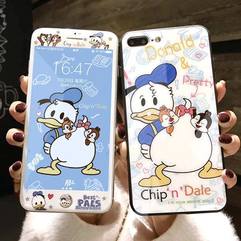 Cute Donald duck For iPhone 7 8 plus case tempered glass phone cover XS Max XR 6 6s screen protector couple gift+ strap+ sticker