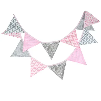 

12 Flags 3.2m Pink Wave Silver Flower Cotton Fabric Bunting Pennant Flags Banner Garland Baby Shower/Outdoor DIY Home Decoration