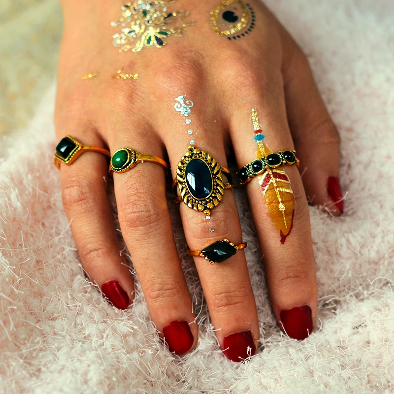 

5 pz/Set Irregular Retro Exaggerated Simulation Rhinestone Ring Geometric Beach Bohemian Ring Fashion Temperament Jewelry
