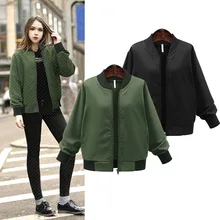 Women Vintage Solid Army Green Black Zipper Solid Xl-5xl Jackets Fashion Baseball Coat Golden Bomber Pilots Outwear Yn-898
