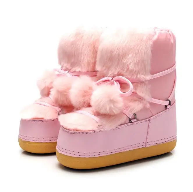 Большие размеры; бархатные ботинки; модные зимние ботинки; красивые женские ботинки с помпонами; теплые ботинки на плоской подошве; нескользящие водонепроницаемые ботинки; botas mujer; sh137 - Цвет: Розовый