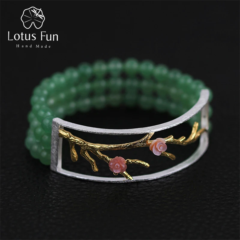 

Lotus Fun Real 925 Sterling Silver Natural Aventurine Handmade Fine Jewelry Vintage Plum Blossom Beads Bracelet for Women