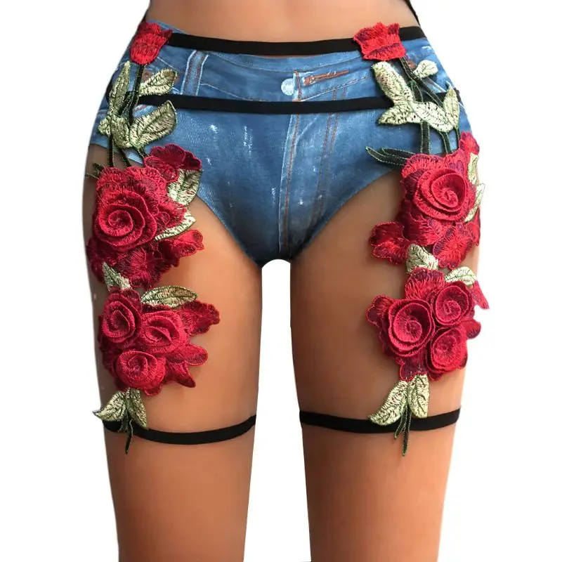 Женские сексуальные штаны с высокой талией, в клетку, для тела, с вышивкой, лепесток цветка розы, аппликация, ноги, эластичные, на бретелях, нижнее белье, подвязки, пояс - Цвет: NO.M