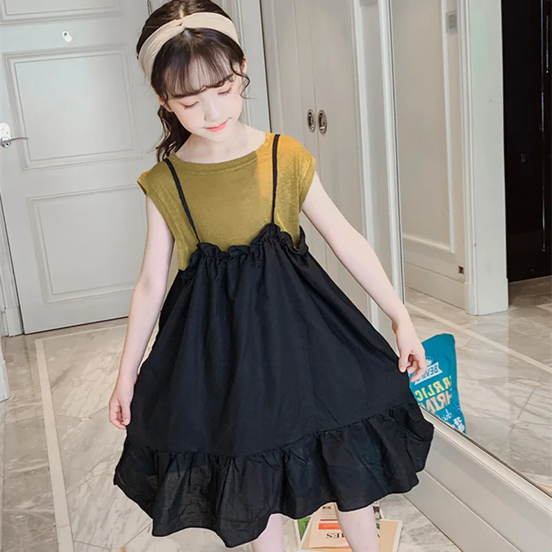 

DFXD Summer Fashion Girls Clothing Set Sleeveless Soild Vest Shirt+Black Sling Dress 2PC Korean Girl Outfits Children Girls Sets