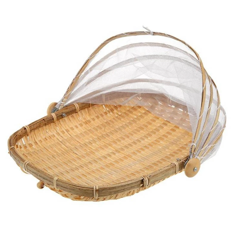 

Handmade Bamboo Woven Bug Proof Wicker Basket with Gauze Dustproof Food Fruit Vegetable Bread Cover Eco-Friendly