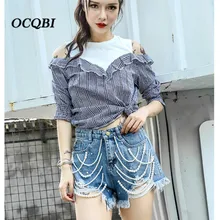 Большие размеры шорты рваные джинсы для женщин уличная Горячая сексуальная скинни, бойфренды с вышивкой Клеш Джинсы