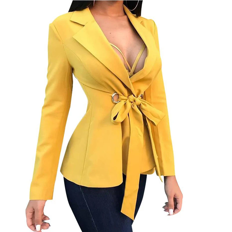 

Oversized Office Lady Fashion Blazers Sets Suits Tops Sexy V Neck Chest Tie Bow Slim Yellow Cardigan Women 's Suit Outwear S-5XL