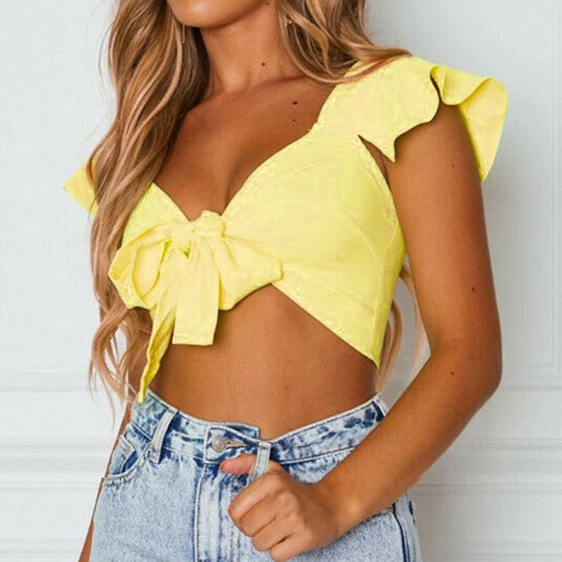 Hot Sale Summer Womens Short Sleeve Solid Shirt Front Knot Tie Ladies Casual Holiday Street V Neck Top S-2XL Four Color 2019