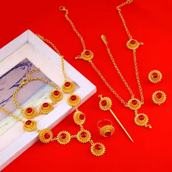 

Ethiopian African Wedding New Cross Necklace Earrings Ring Bracelet Hairpin Hair Chain Accessory Jewelry Sets