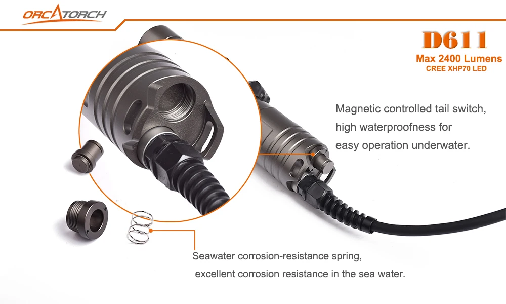 ORCATORCH D611 светодиодный светильник для дайвинга CREE XHP70 светодиодный 2400лм светильник для подводного плавания с ручкой Goodman светильник для подводного плавания 150 м