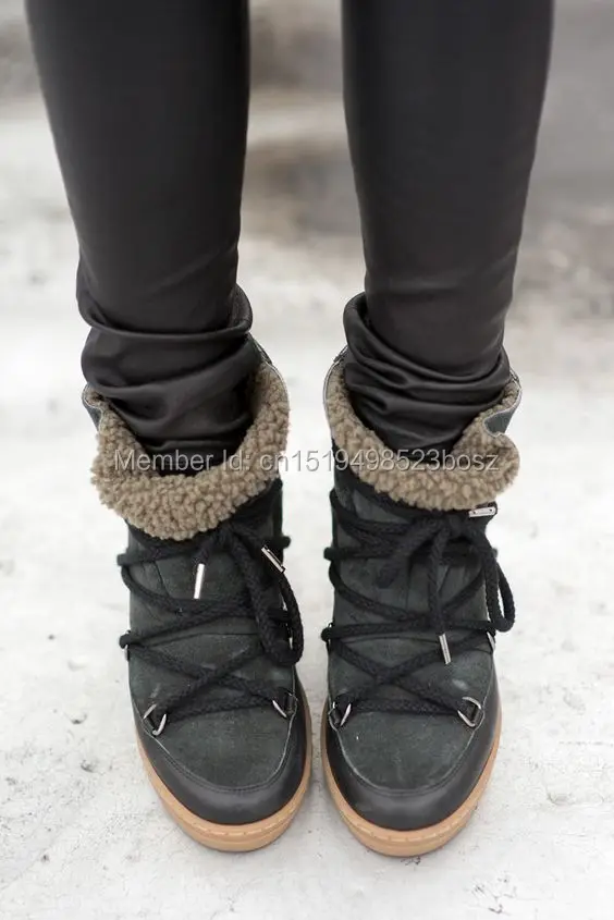 

Winter Warm Fur Snow Boots Black Brown Leather Women Wedge Ankle Boots Lace Up Height Increasing Outdoor Casual Shoes Woman