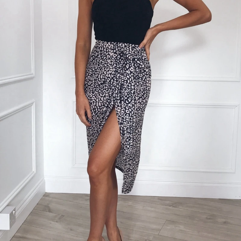 

Women Clothes Sexy Black Leopard Print Irregular Skirts Split High Waist Tunic Bandage Lace Up Pencil Midi Skirt Party Club Wear