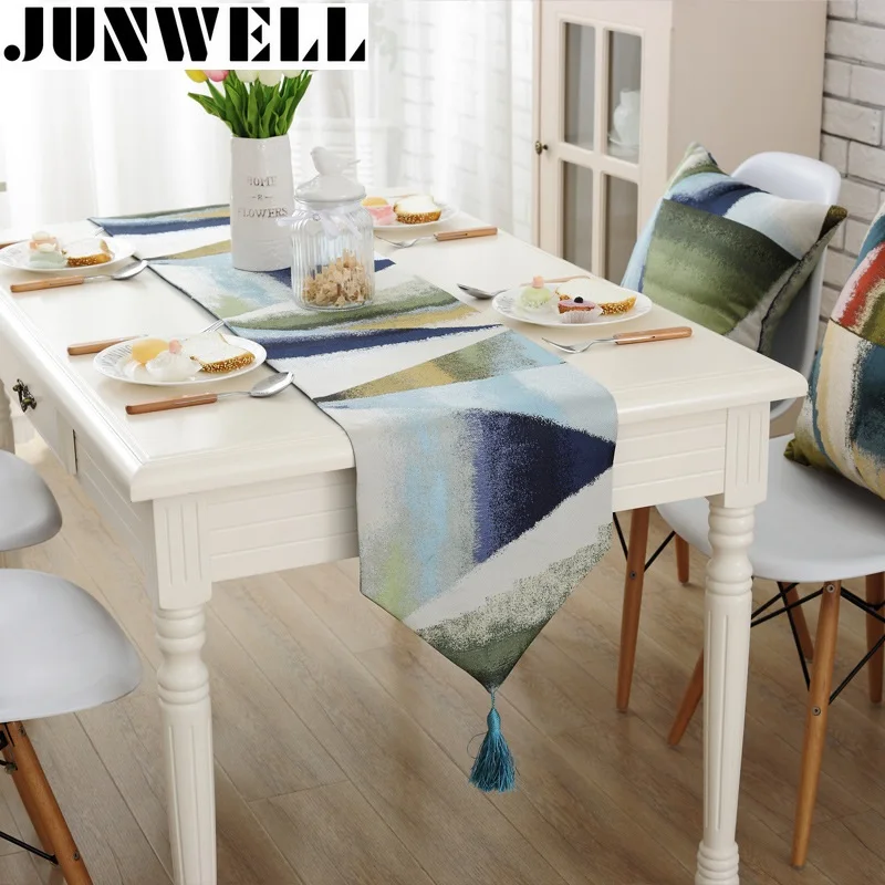 

Junwell Fashion Modern Table Runner Colorful Nylon Jacquard Runner Table Cloth With Tassels Cutwork Embroidered Table Runner