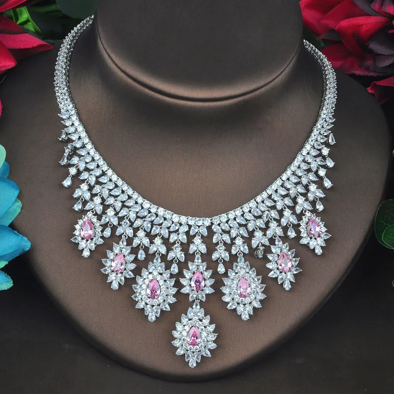 HIBRIDE Luxury Brilliant Pink Cubic Zirconia Big Jewelry Sets For Women Wedding Accessories Fashion Jewelry Gifts N-719